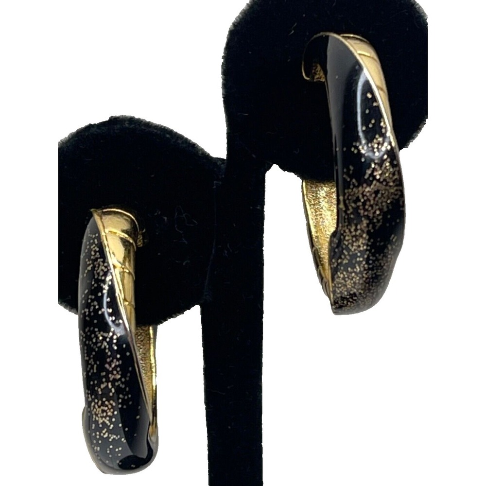 Vintage Emanuel Ungaro Paris Clip On Earrings Glitter Enamel Gold Tone Hoop